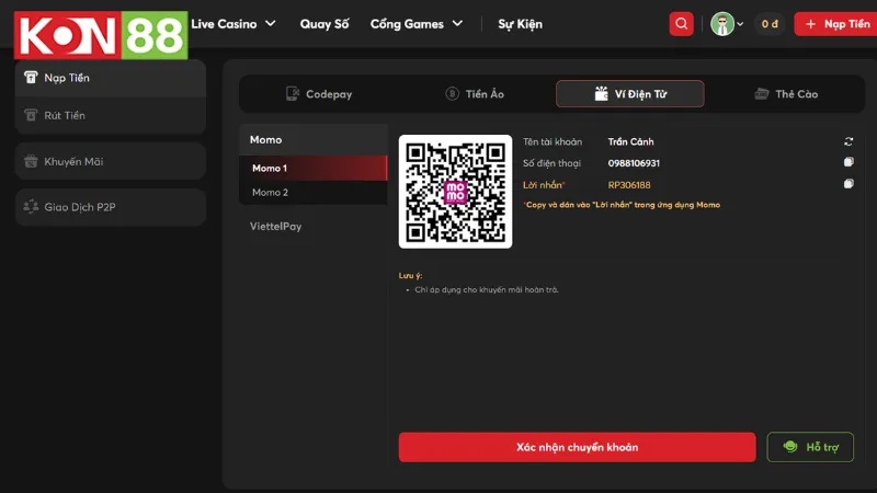 Nạp tiền KONG88 qua ví điện tử